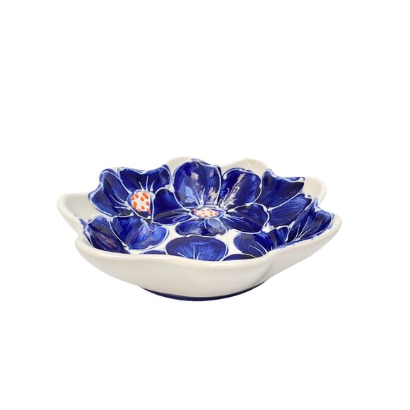 Vintage Ceramicas Anoru Spain Hand painted Floral Bowls Blue And White Snack Set - Picture 3 of 9